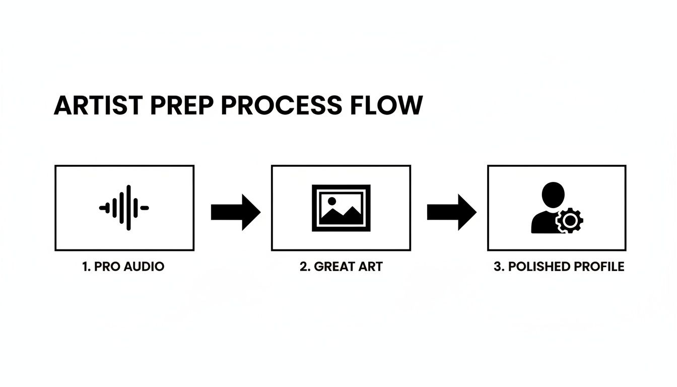 An artist prep process flow diagram detailing steps: Pro Audio, Great Art, and Polished Profile.