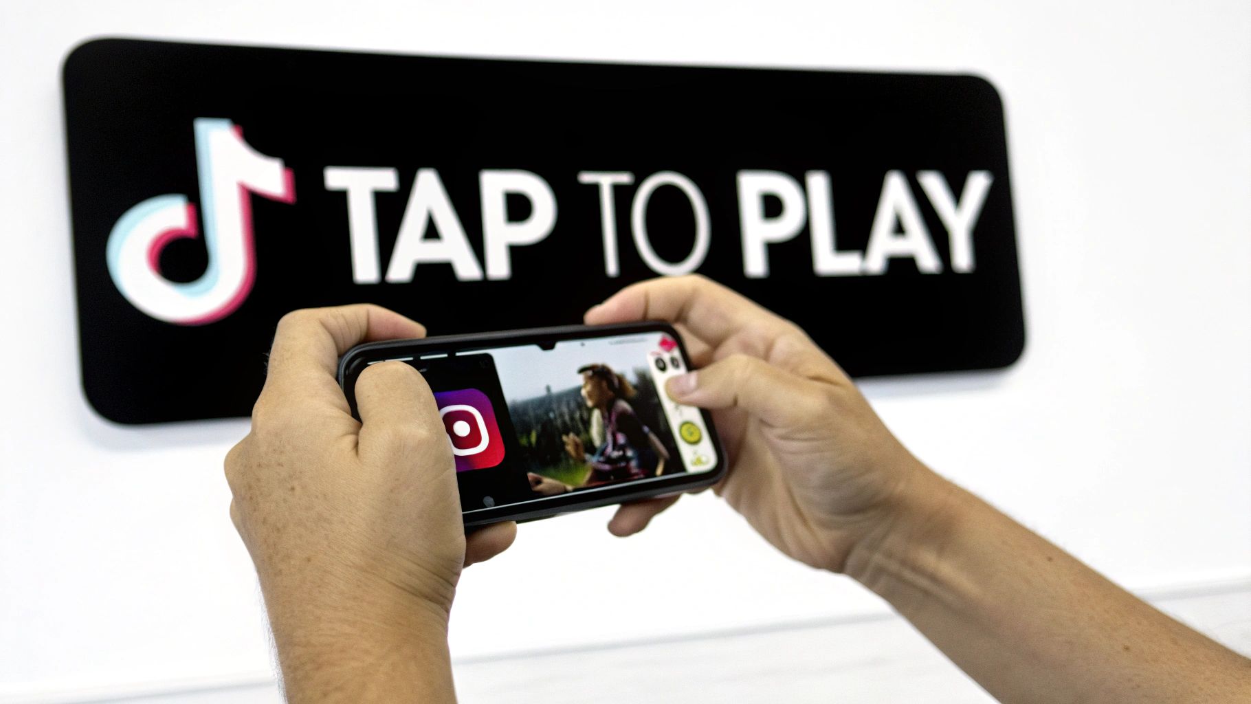 Hands holding a smartphone displaying Instagram content in front of a TikTok 'Tap to Play' sign.