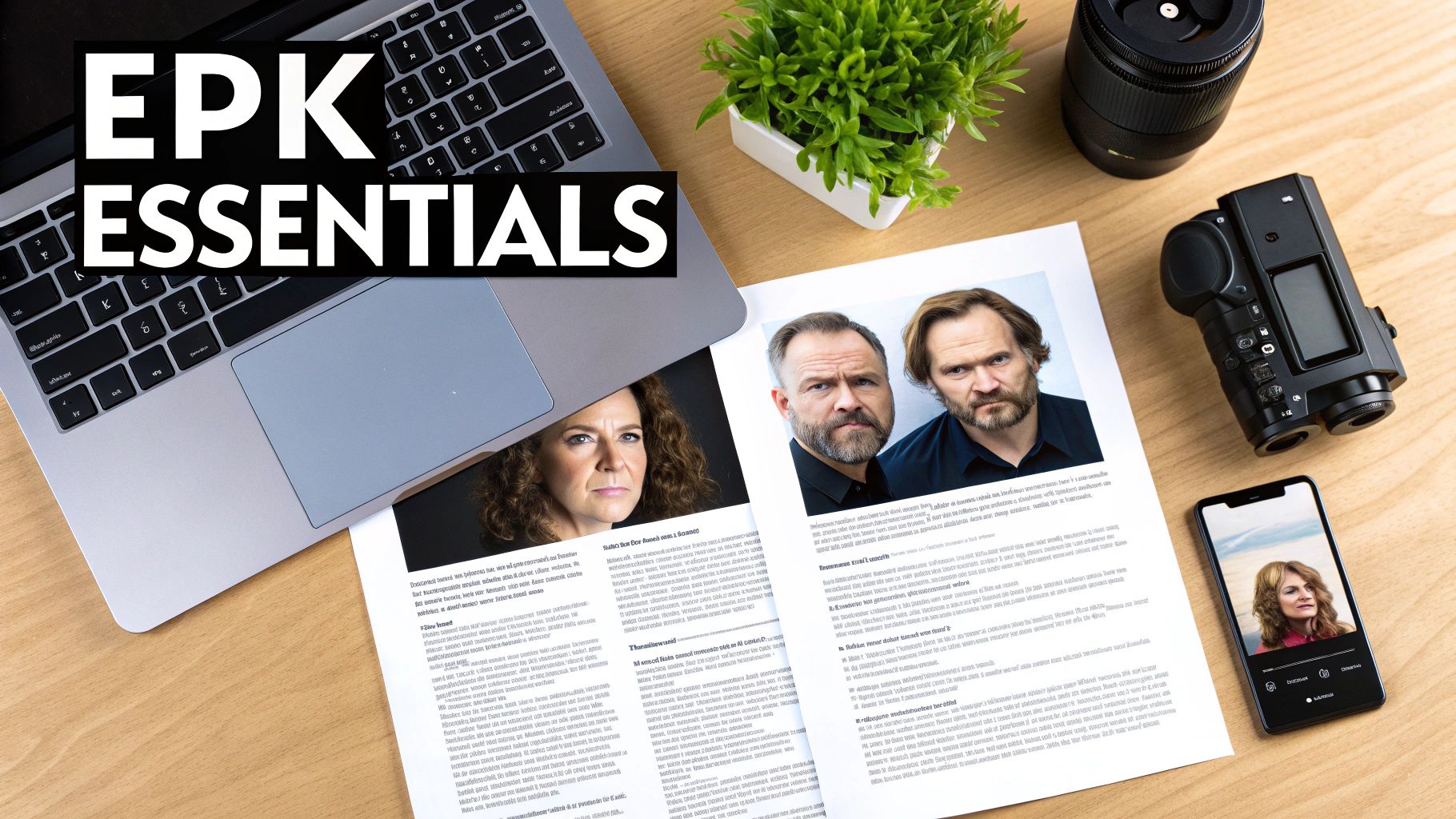 A flat lay desk featuring a laptop with 'EPK ESSENTIALS', a magazine, camera gear, and a smartphone.