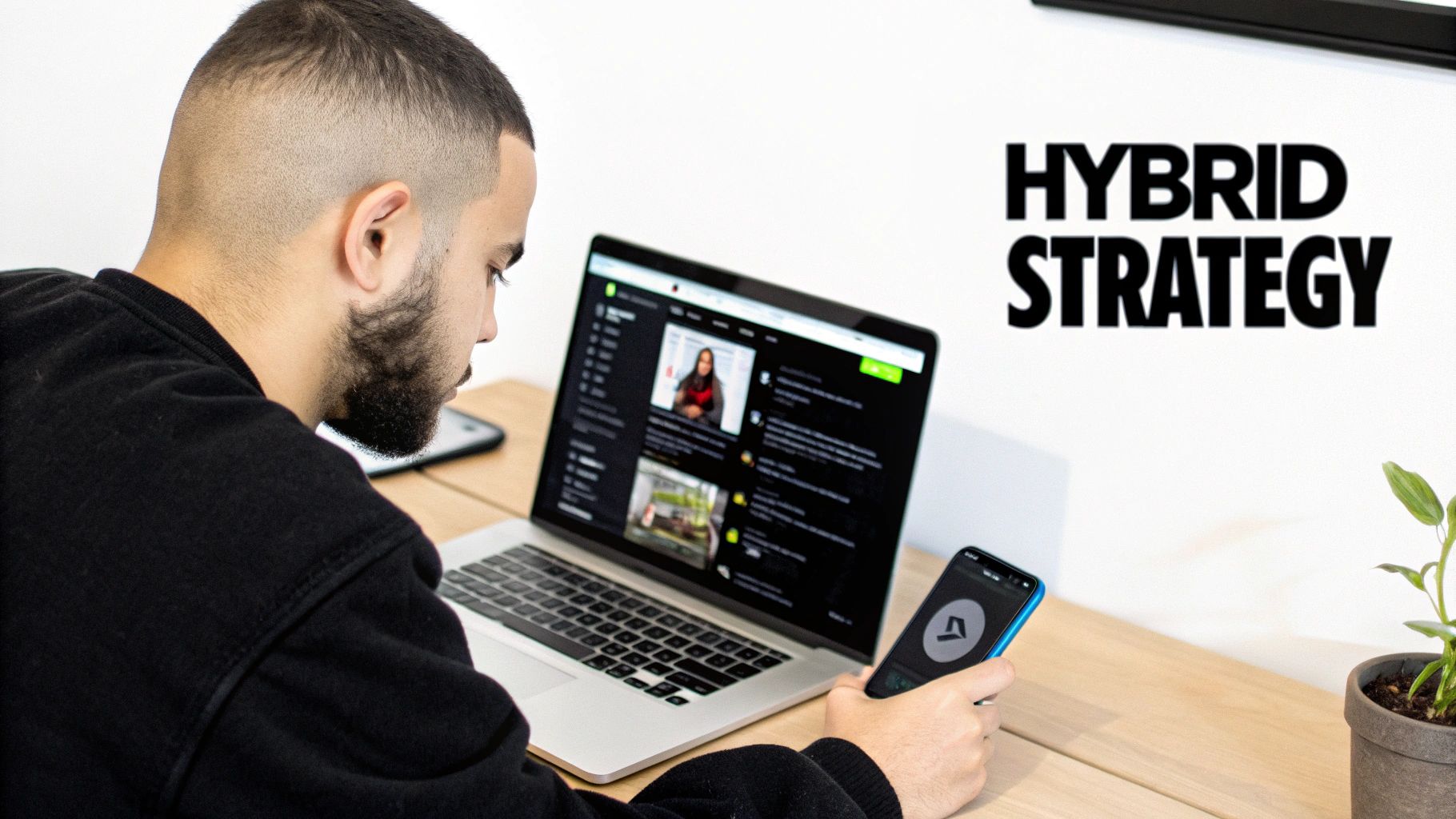 A man with a beard uses a laptop and smartphone, with 'HYBRID STRATEGY' text on the wall.