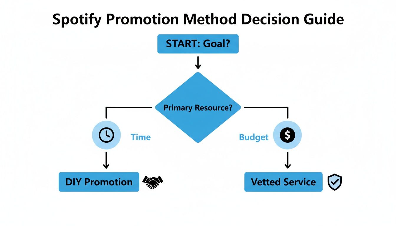 A flowchart guiding Spotify promotion decisions, starting with goal, then primary resource (time or budget).