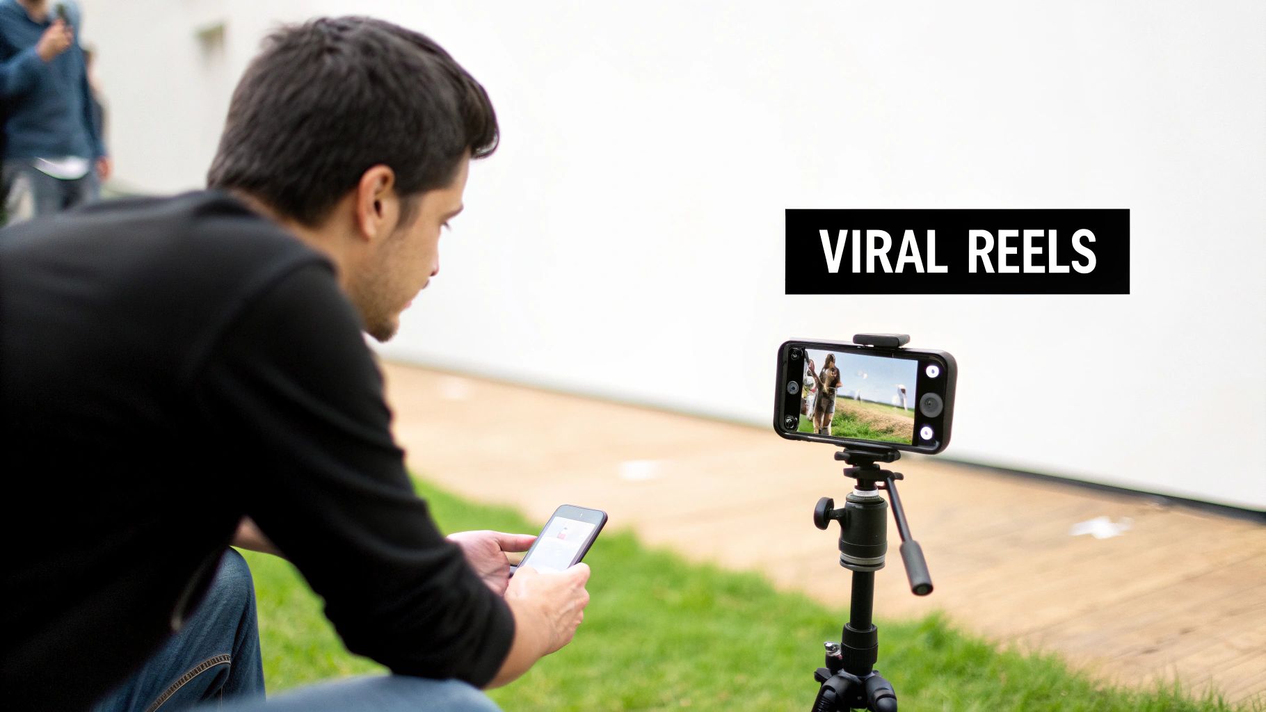 A man sits on grass, looking at his phone, while another phone on a tripod records content.