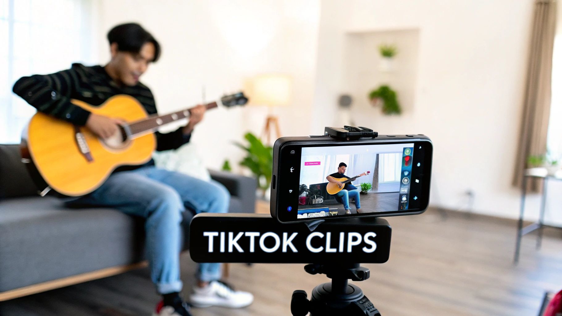 A person playing an acoustic guitar is recorded by a smartphone on a tripod for TikTok.