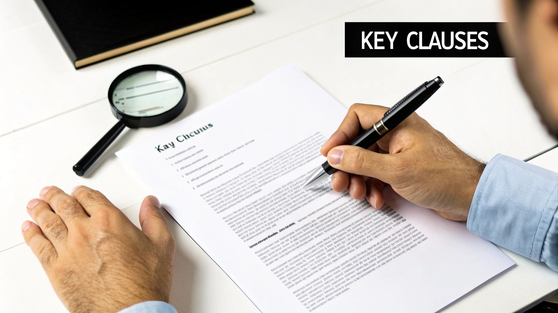 A person reviews a document with a pen and magnifying glass, highlighting "KEY CLAUSES".