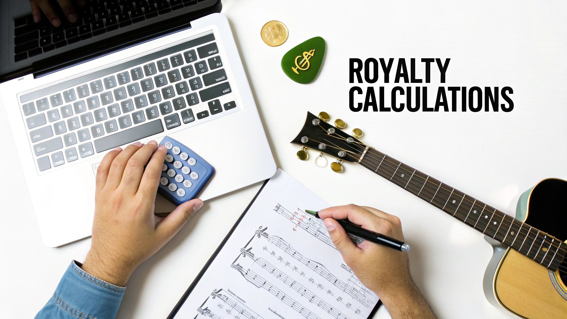Person calculating music royalties with a calculator, laptop, and sheet music next to a guitar.