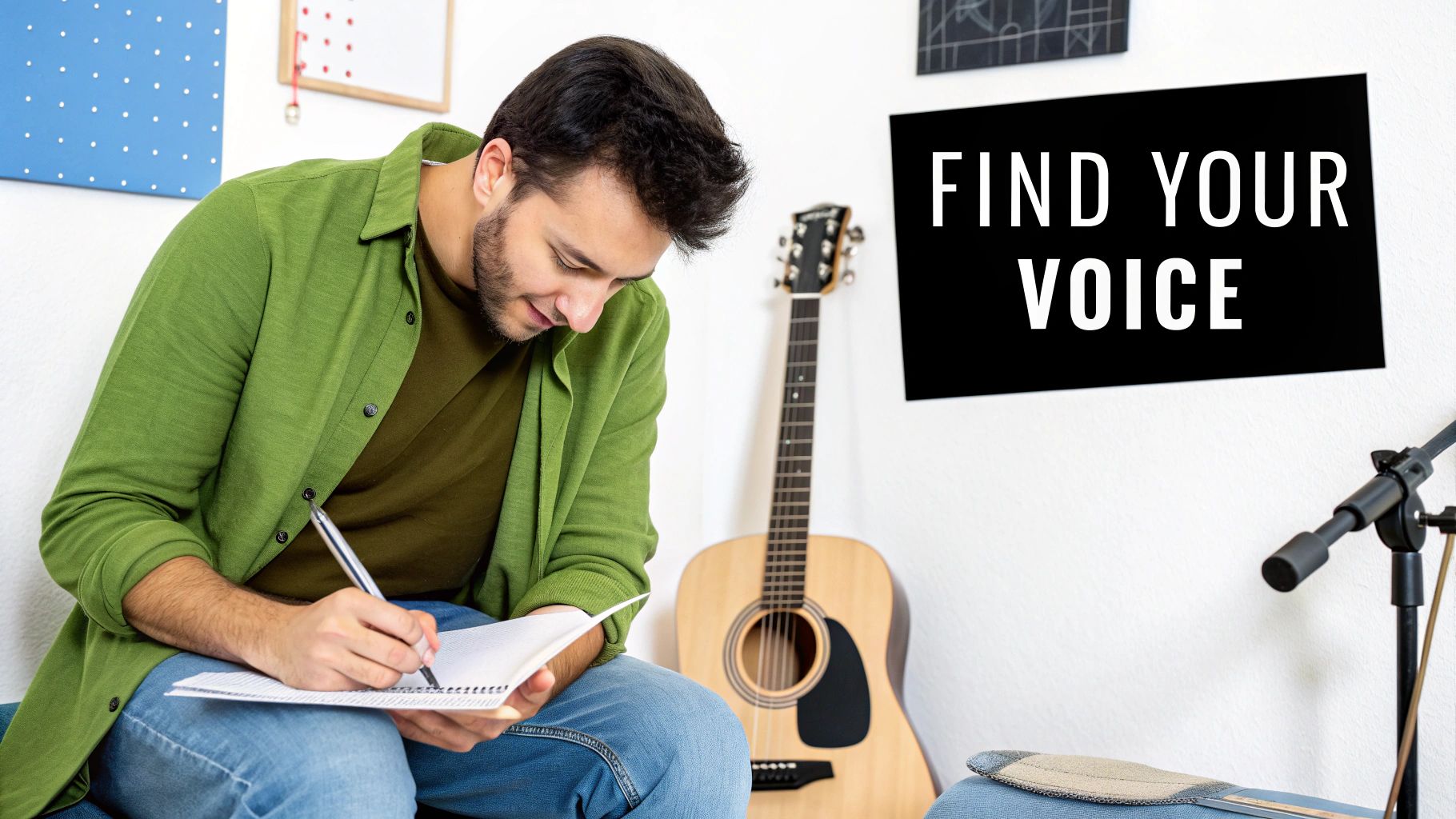 A male songwriter is focused on writing in a notebook, with a guitar and microphone stand nearby.