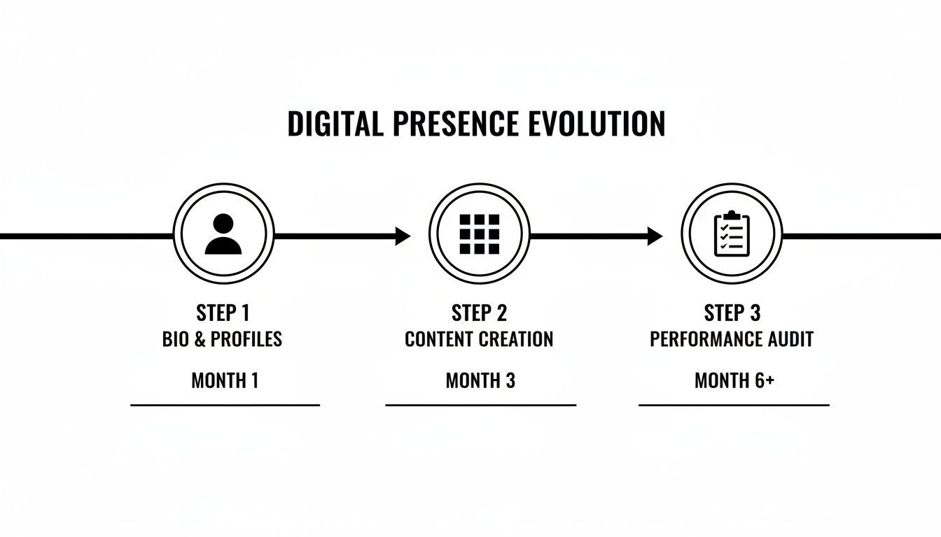 A three-step diagram illustrating digital presence evolution: Bio & Profiles, Content Creation, and Performance Audit.