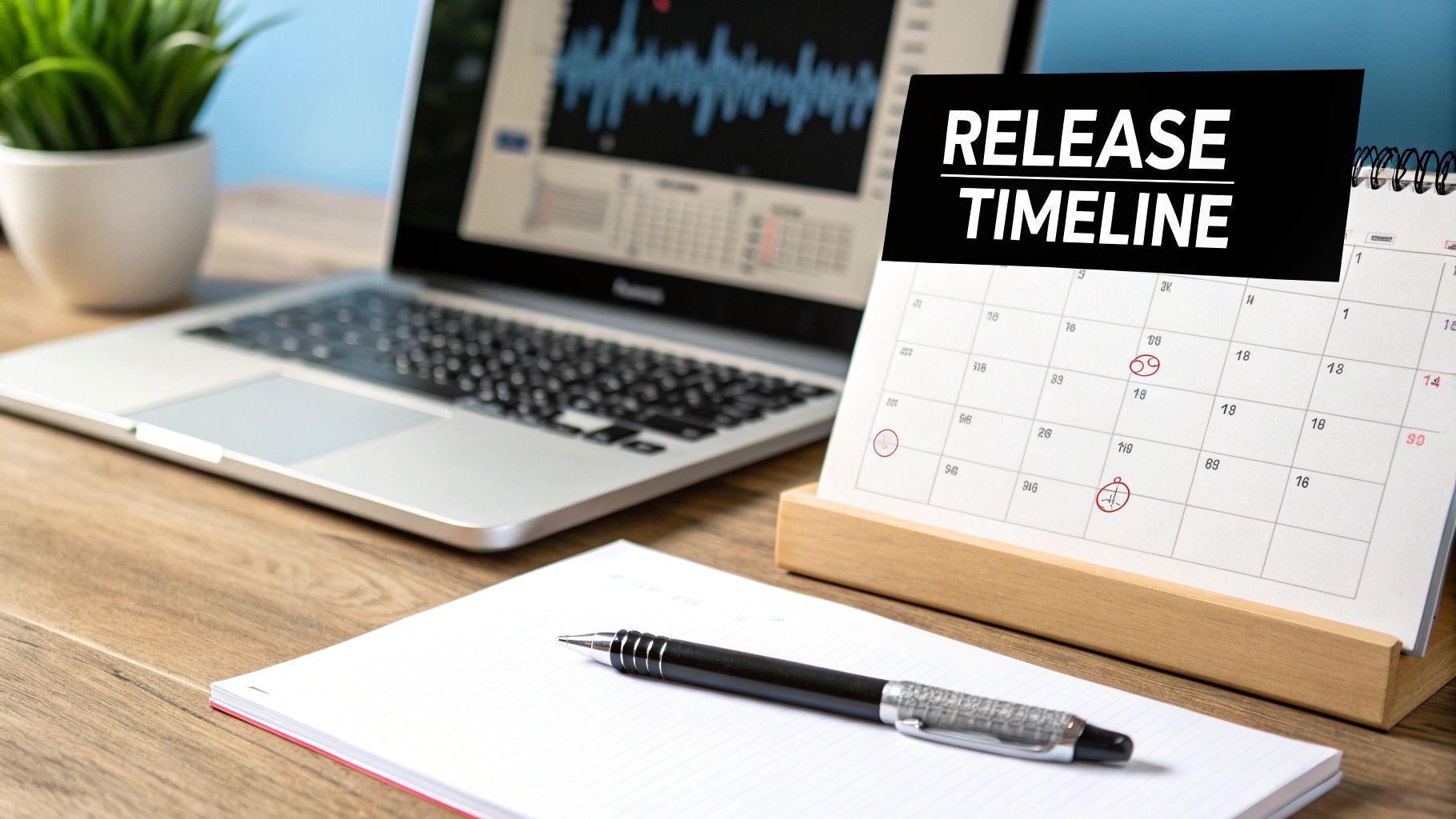 A desk with a laptop, a 'RELEASE TIMELINE' calendar, a notebook, and a pen.