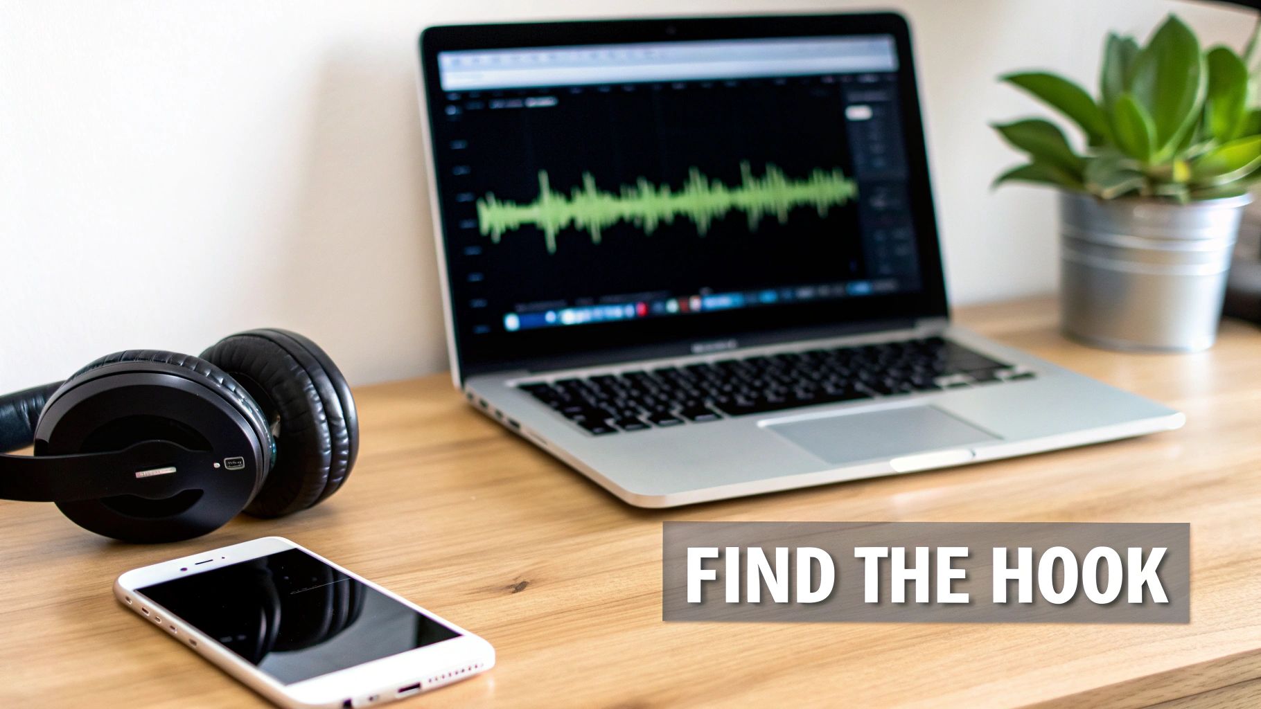 Music production setup with a laptop displaying audio waveforms, headphones, a phone, and a plant.