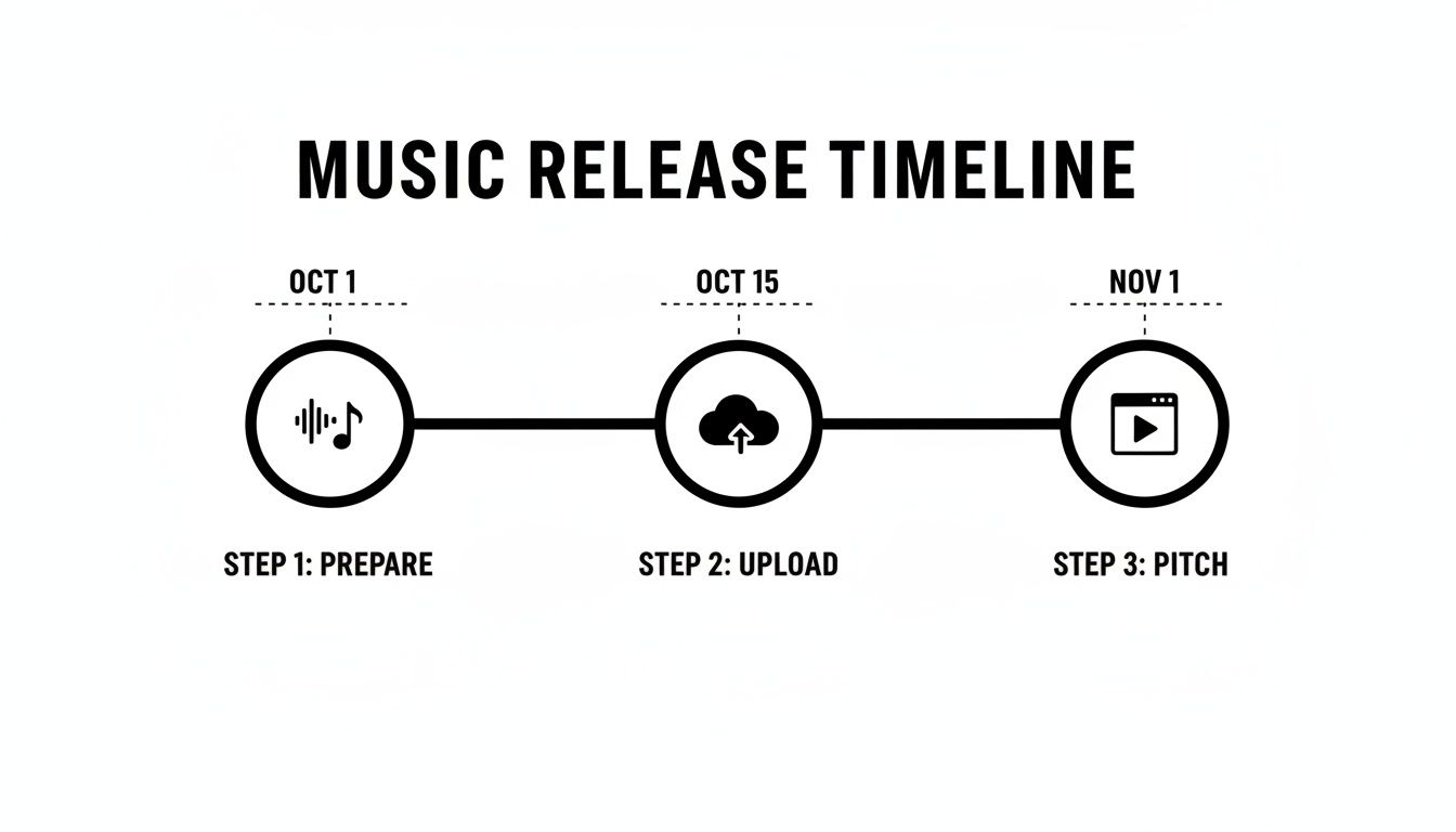 A music release timeline with three steps: prepare on Oct 1, upload on Oct 15, and pitch on Nov 1.