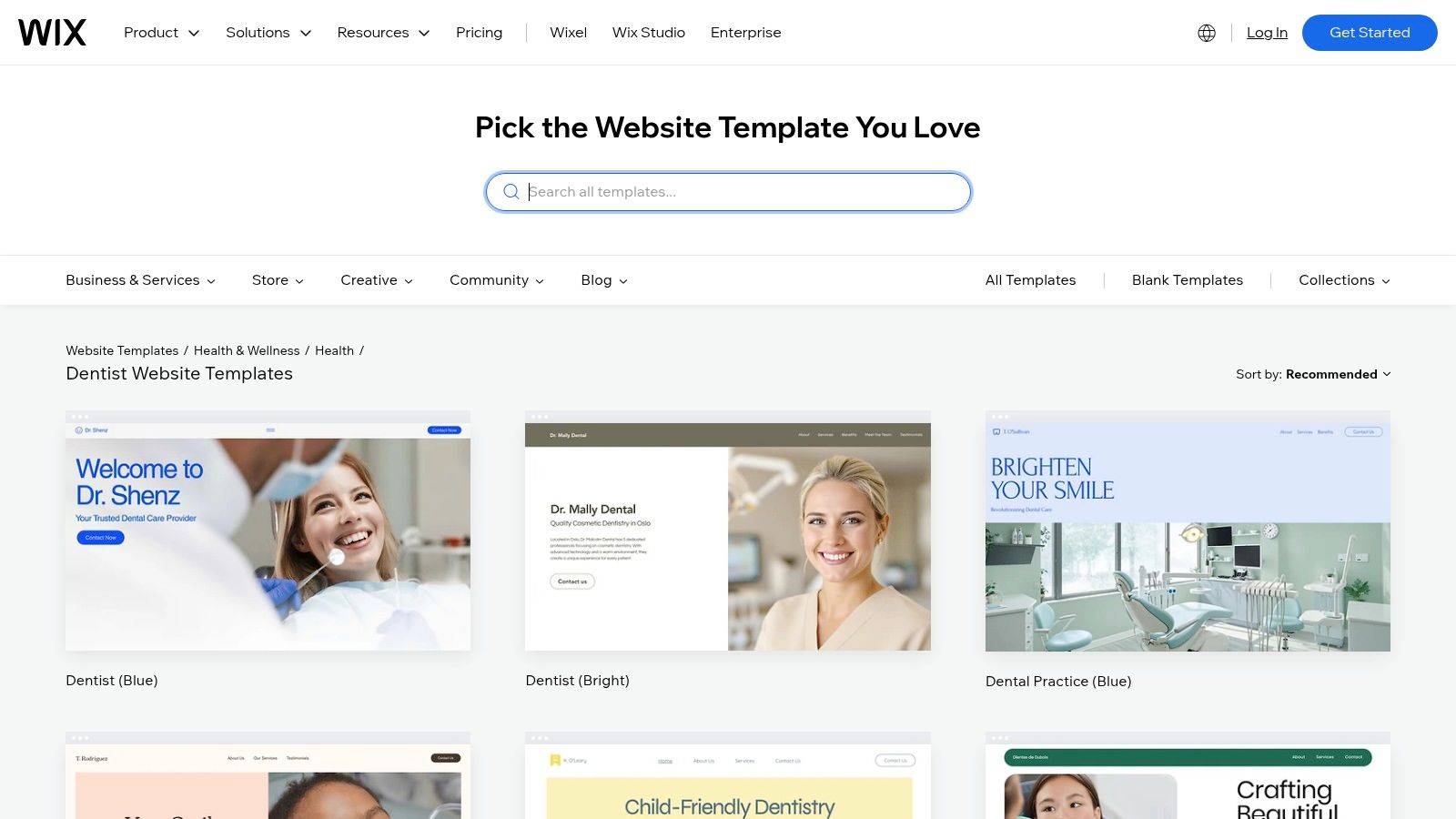 Wix Dentist Templates + Marketplace (DIY builder with dental templates)