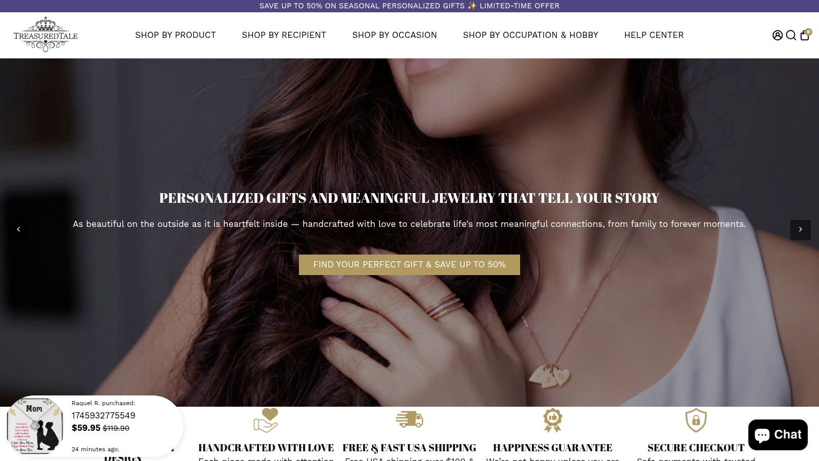 A collection of personalized Valentine's Day jewelry from TreasuredTale, including necklaces with custom engravings and birthstones.