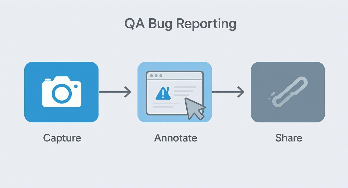 Flowchart illustrating the QA bug reporting process with capture, annotate, and share steps.