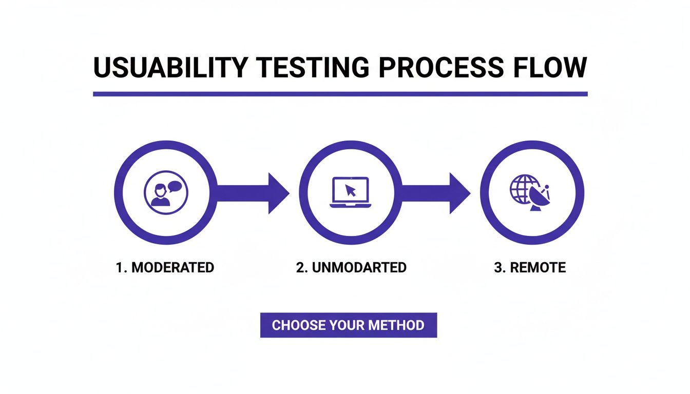 Flowchart illustrating three methods for usability testing: moderated, unmoderated, and remote.