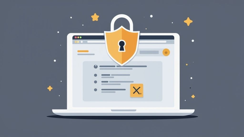 A laptop showing a webpage with a checklist and an 'X' icon, protected by a large golden security shield.