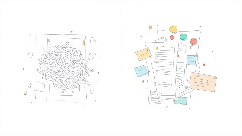 Illustration showing the contrast between disorganized, tangled digital information and organized documents.