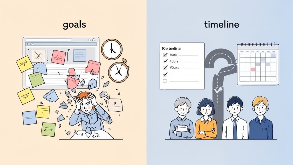 An illustration contrasting chaotic, overwhelming goals with an organized project timeline and a calm team.