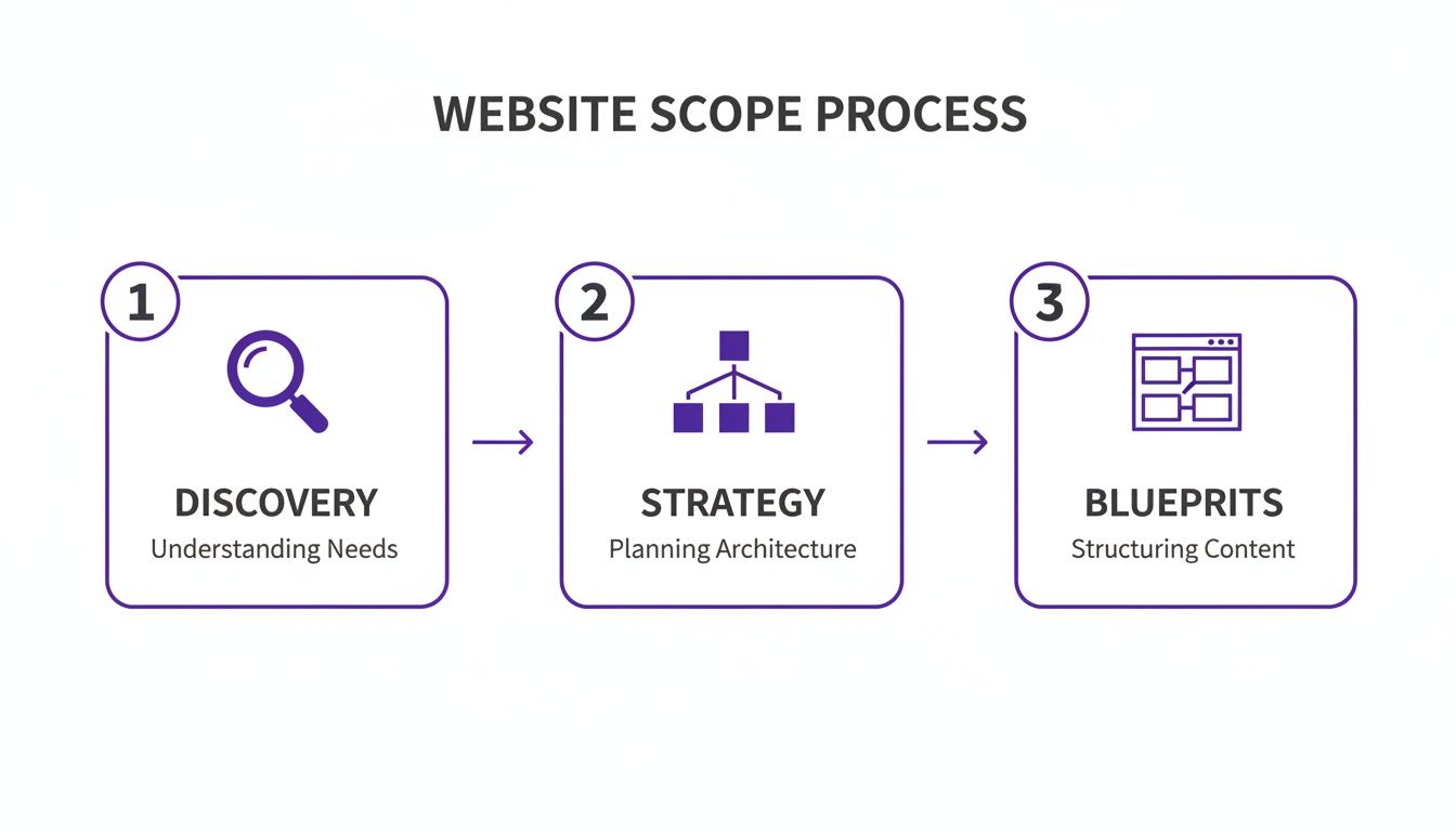 A three-step website scope process diagram showing discovery, strategy, and blueprints.