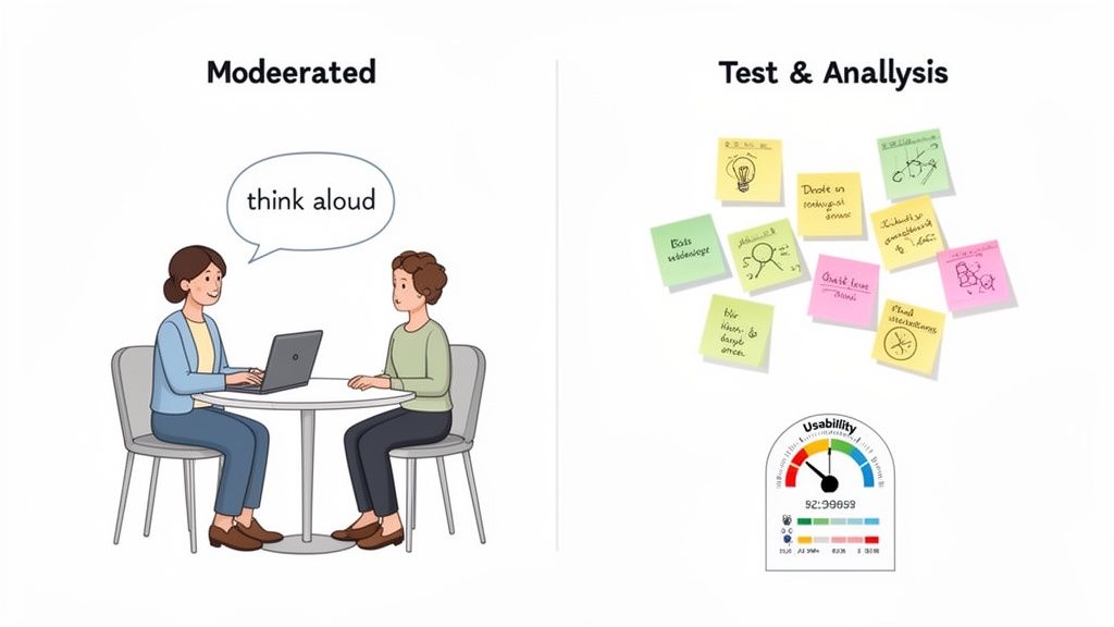 An illustration showing two people conducting a moderated usability test and subsequent analysis with notes and a gauge.