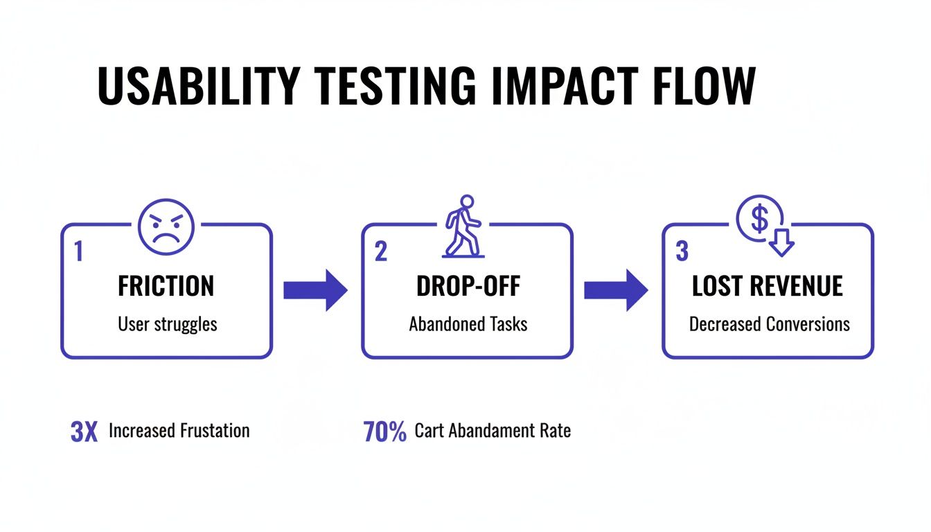 Usability testing impact flow showing user friction, drop-offs, and resulting lost revenue.