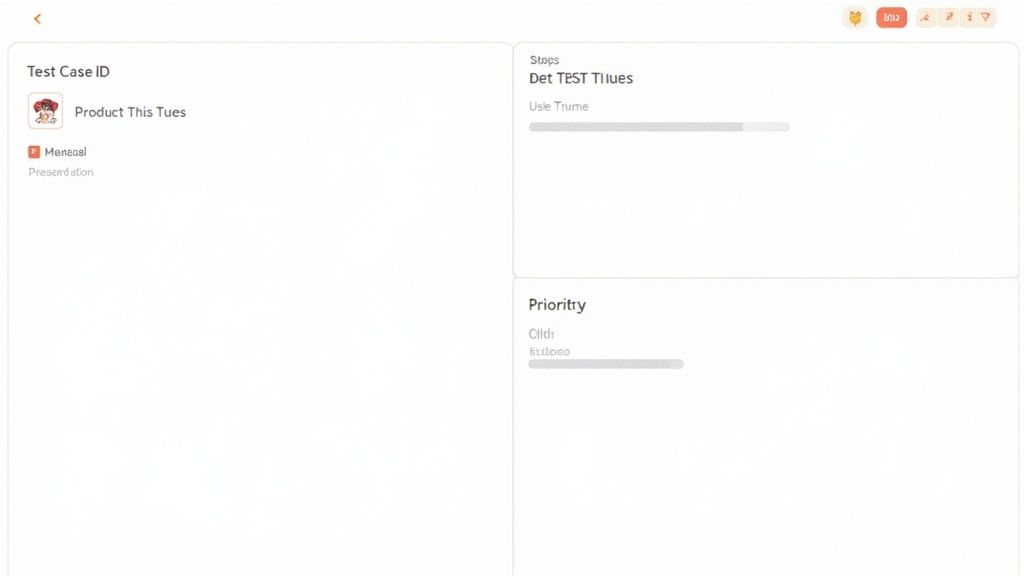 A screenshot of a test case management application interface with sections for ID, steps, and priority.
