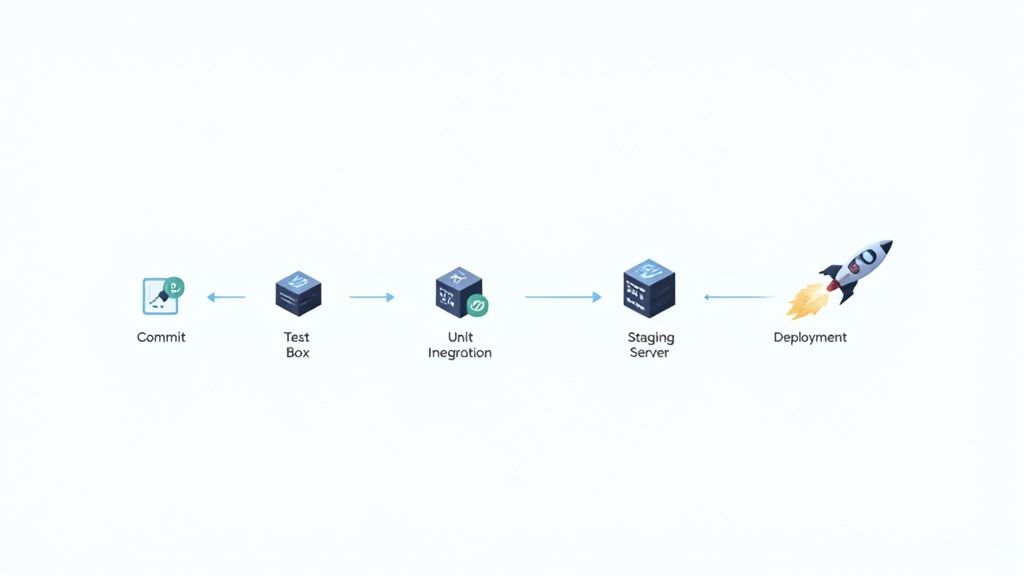 Continuous integration deployment pipeline workflow showing commit test box unit integration staging server and deployment stages