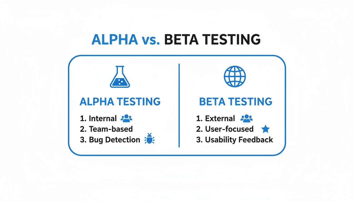 A comparison table illustrating the key differences between Alpha and Beta testing in software development.