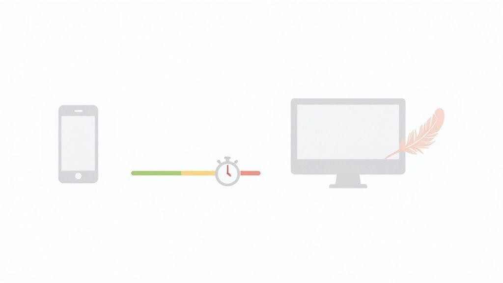 Mobile phone and desktop computer connected by progress bar with timer showing website optimization speed