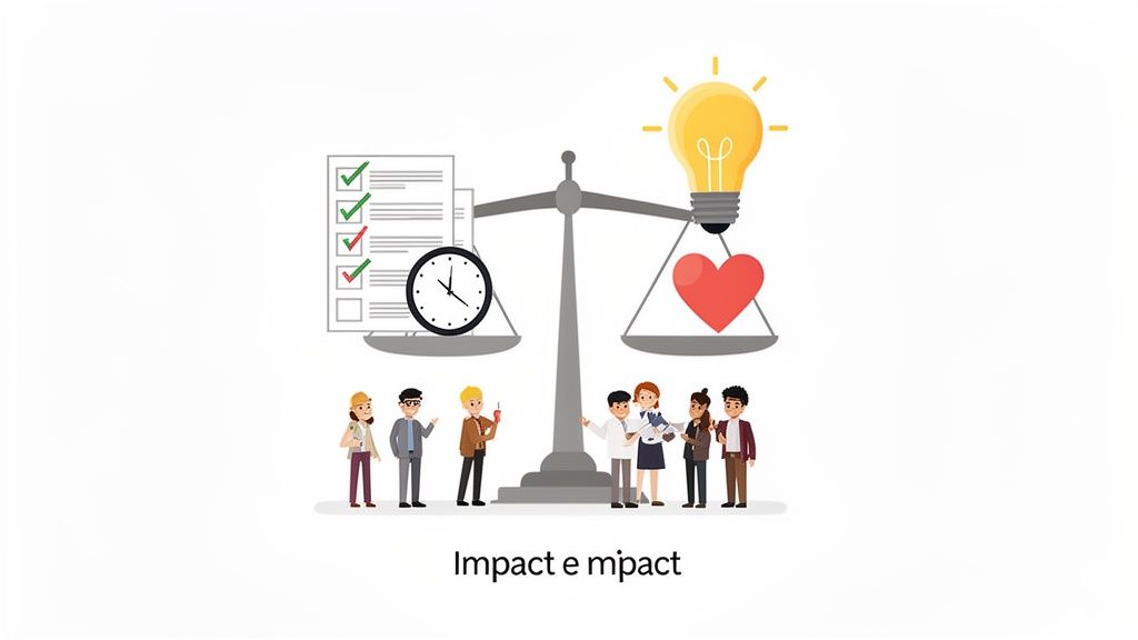 A balanced scale showing tasks and a clock on one side, and a lightbulb and heart on the other, with diverse people below, representing impact.