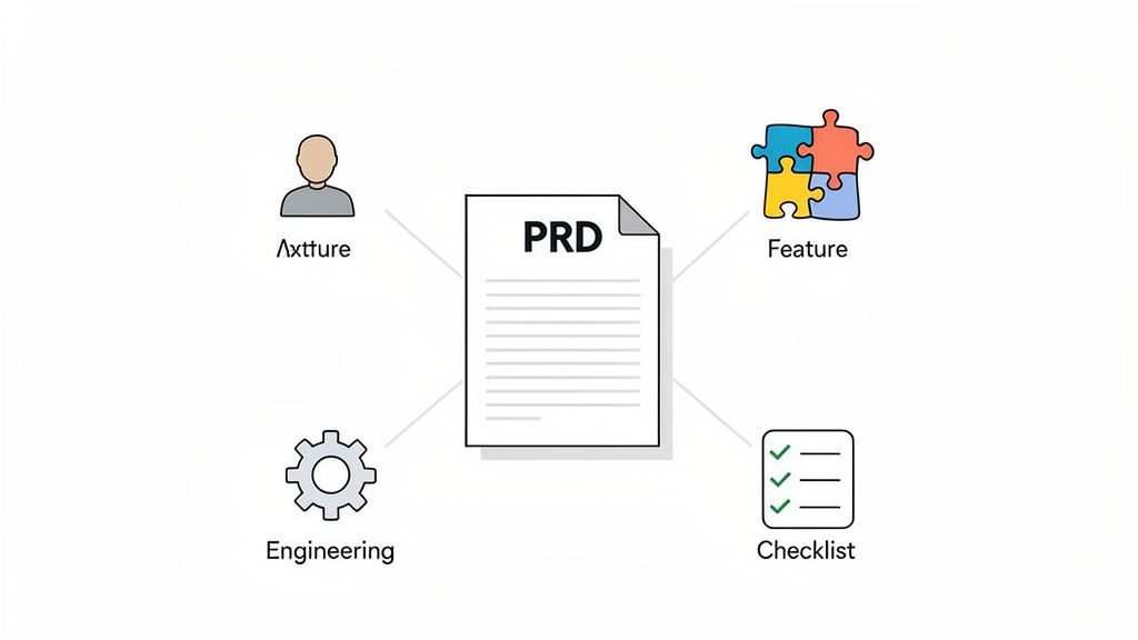 A diagram illustrating a PRD connected to a user figure labeled 'Axtture', features, engineering, and a checklist.