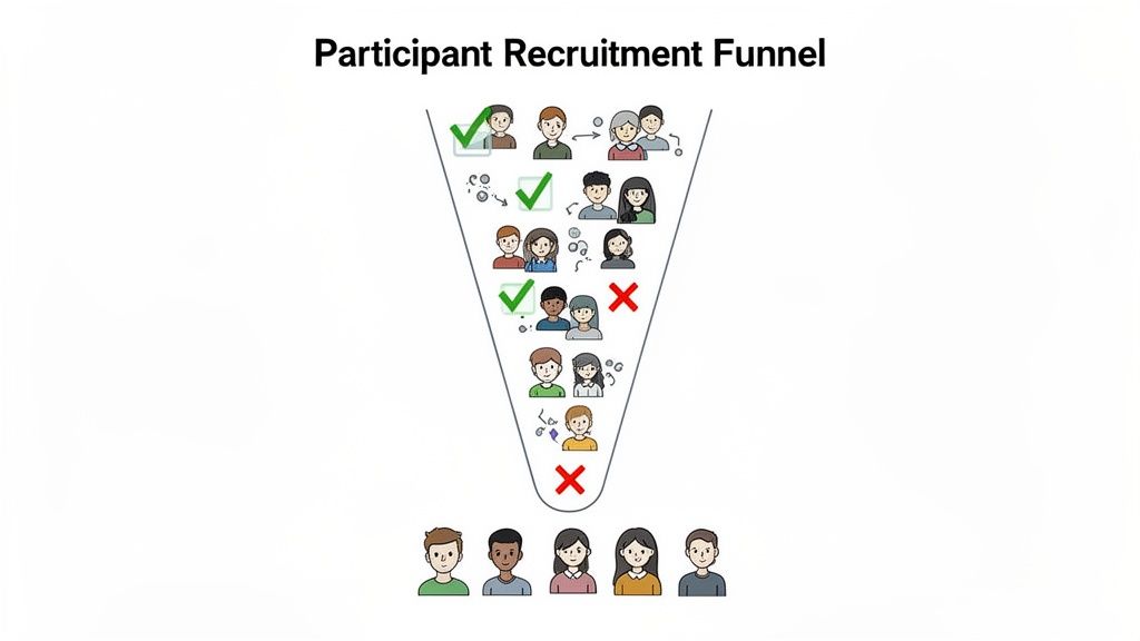 Illustration of a participant recruitment funnel, showing selection and rejection leading to final participants.