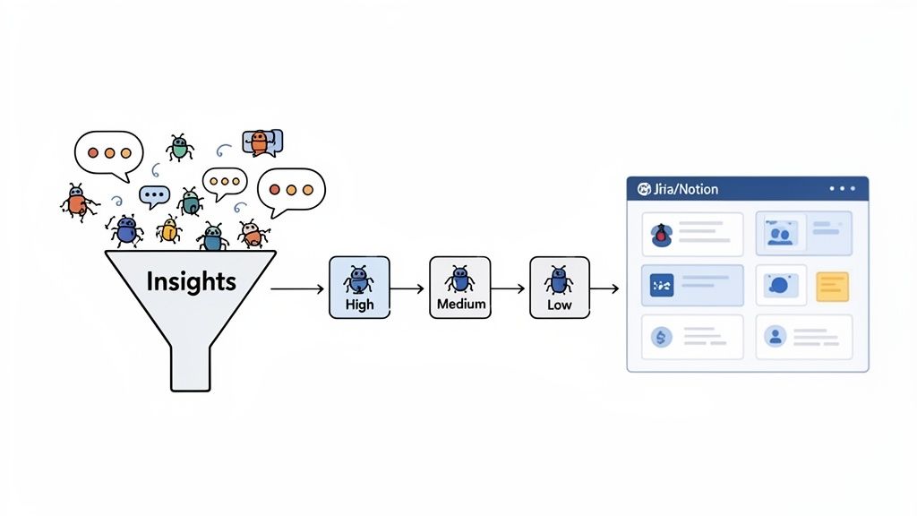 A diagram showing colorful bugs and speech bubbles entering an "Insights" funnel, then prioritized as high, medium, and low before appearing in a Jira/Notion interface.