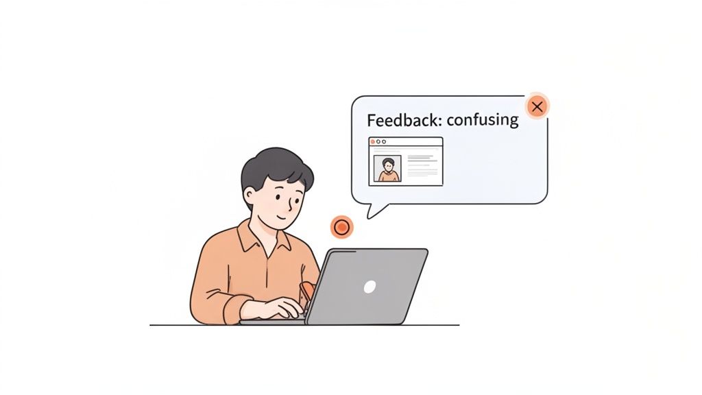A cartoon person uses a laptop, receiving feedback that a website is confusing.