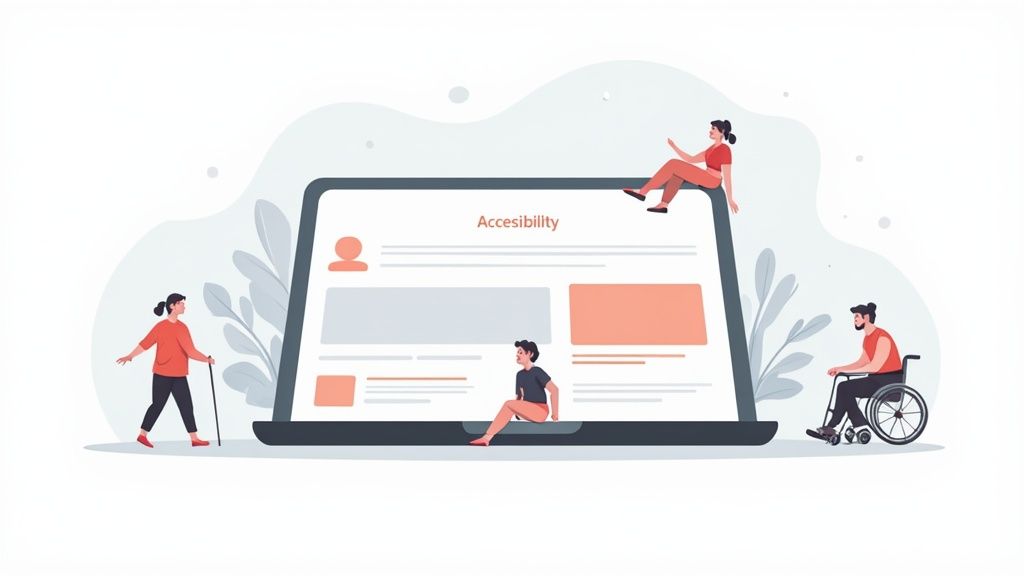 Diverse people with disabilities interacting with a laptop, symbolizing digital accessibility and inclusive design.