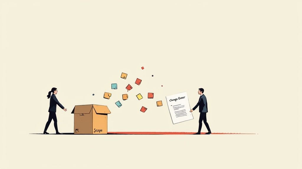 Illustration of business people managing a 'Scope' box and a 'Client's Order' document with data.