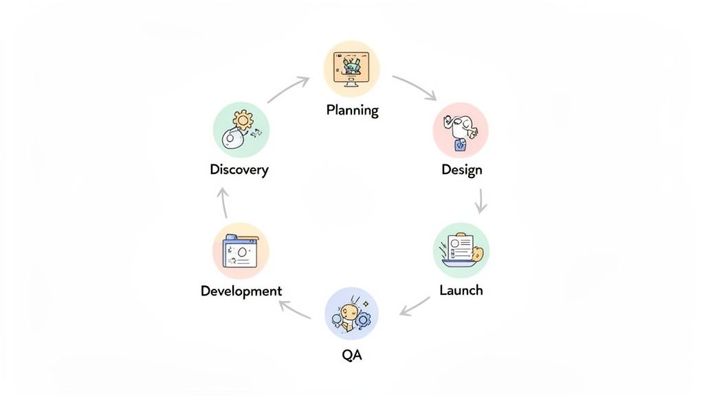 A circular diagram illustrating the six stages of a project lifecycle: Planning, Design, Launch, QA, Development, and Discovery.