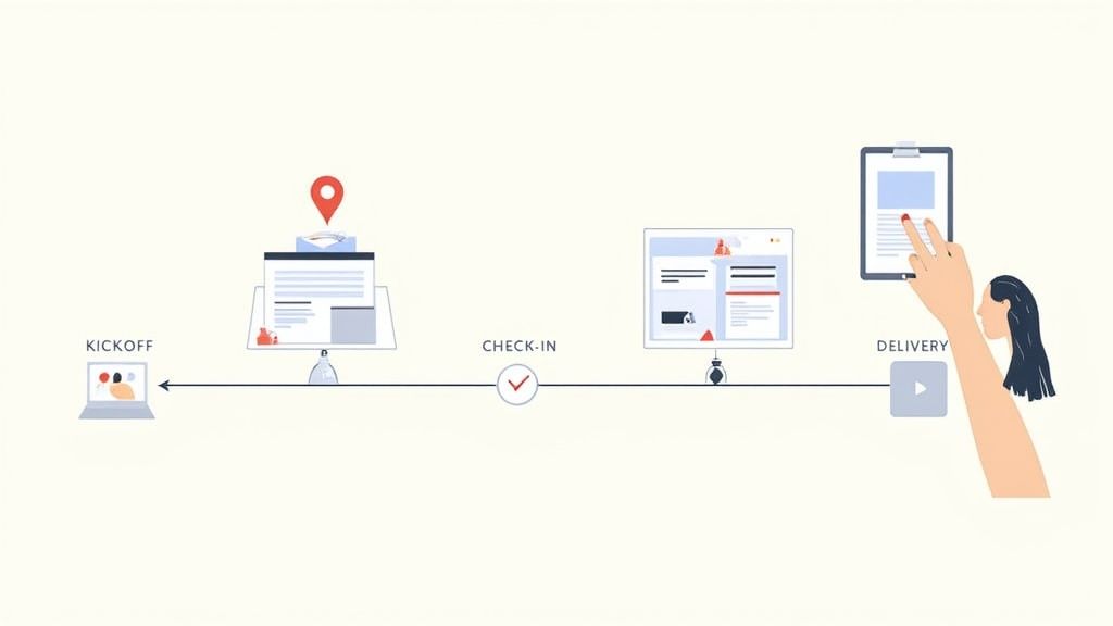 A process flow diagram illustrating project stages from kickoff, check-in, to final delivery.