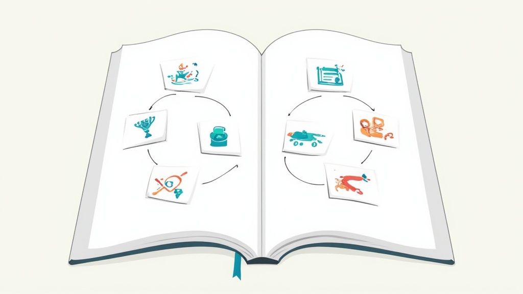 An open book displays two circular flowcharts with hand-drawn icons illustrating different processes or steps.