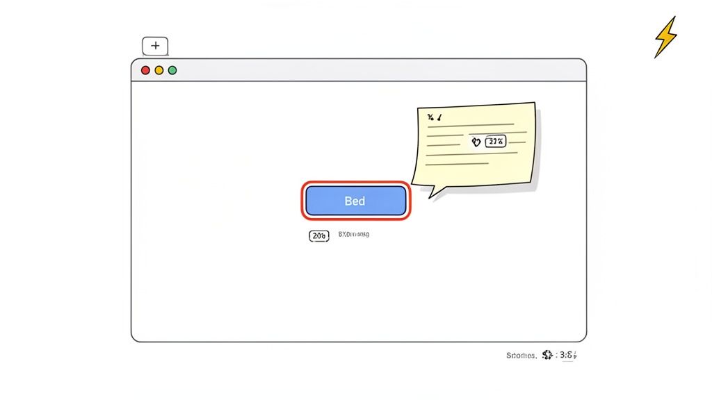 A cartoon-style browser window displaying a 'Bed' button, a sticky note, and various interface elements.