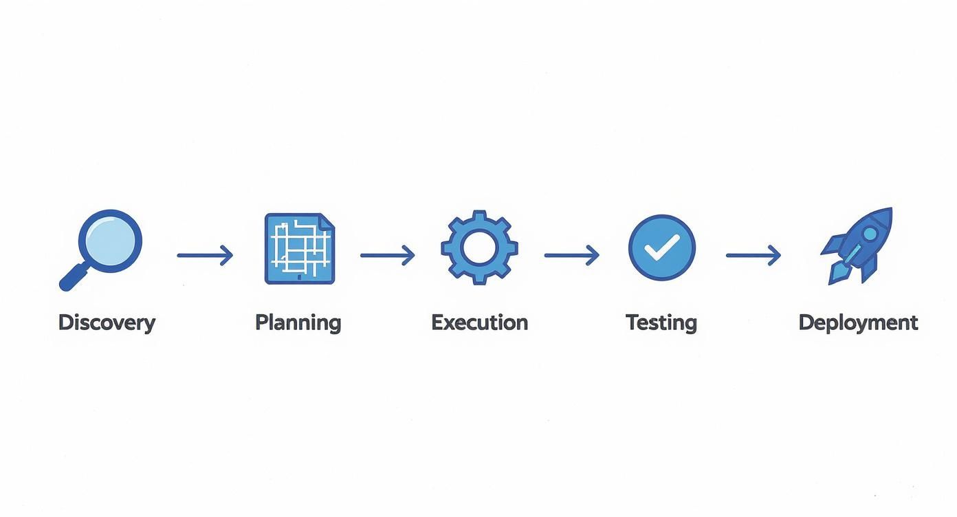 Web development project workflow showing five phases: discovery, planning, execution, testing, and deployment with icons