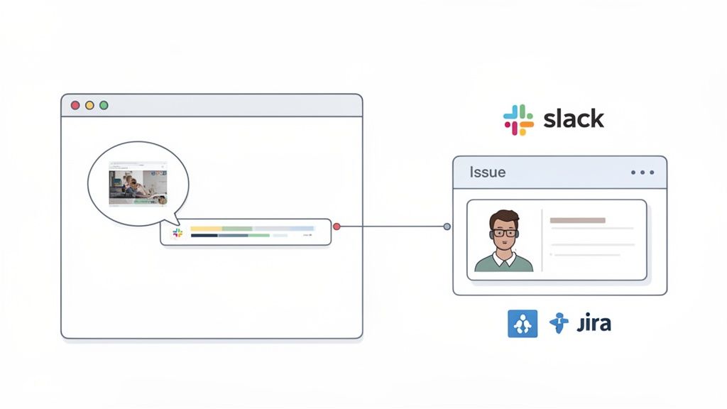 Diagram illustrating the workflow integration between Slack and Jira for streamlined issue management.