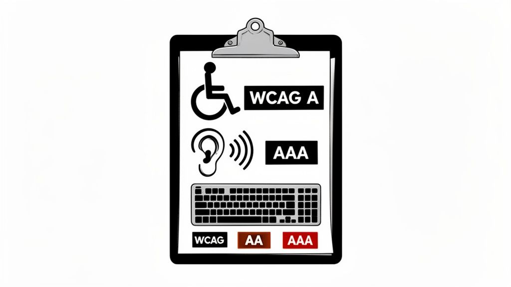 A clipboard displays accessibility symbols for mobility, hearing, and keyboard, alongside WCAG compliance levels A, AA, and AAA.