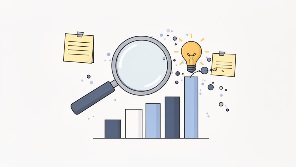 A magnifying glass, bar chart, lightbulb, and sticky notes illustrating data analysis and idea generation.