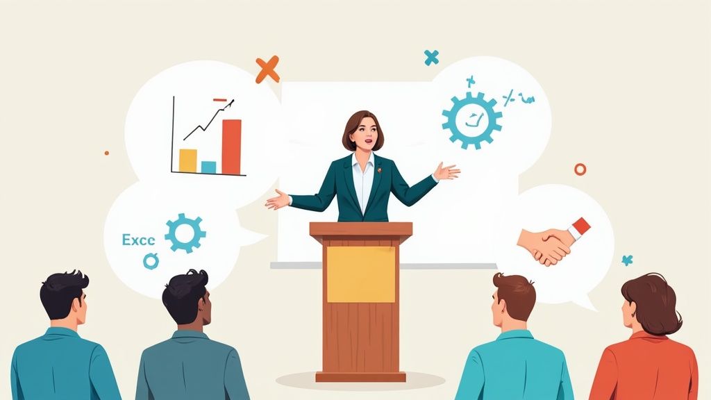 A person presenting a a product roadmap on a large screen to their team.