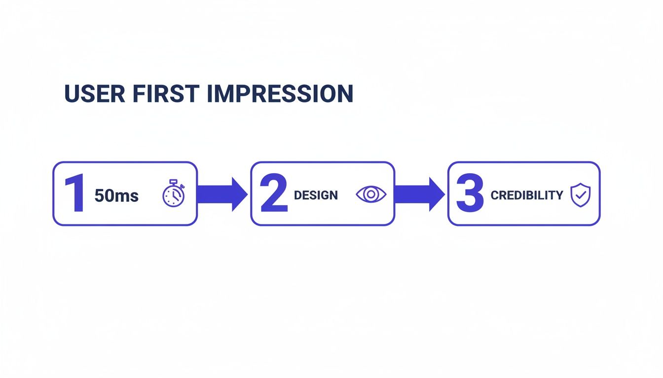 Flowchart illustrating user first impression in three steps: 50ms initial perception, design evaluation, and credibility assessment.