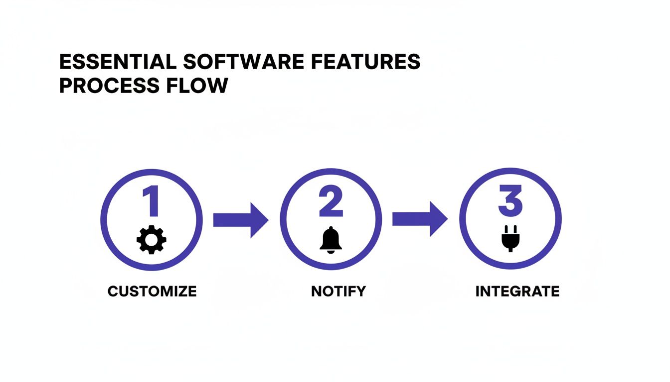 A process flow diagram shows essential software features: Customize (gear), Notify (bell), and Integrate (plug).