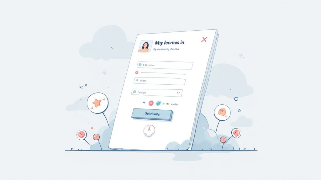 Stylized illustration of a digital form with user input fields, a 'Get Priority' button, and whimsical elements.
