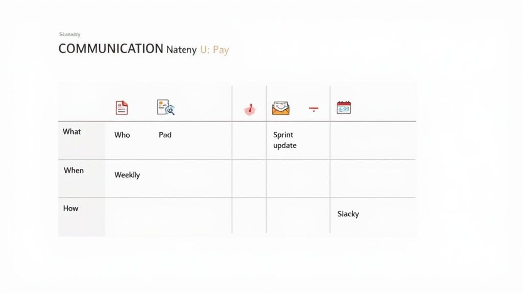 A communication plan table detailing what, when, and how, with columns for different communication channels and types.