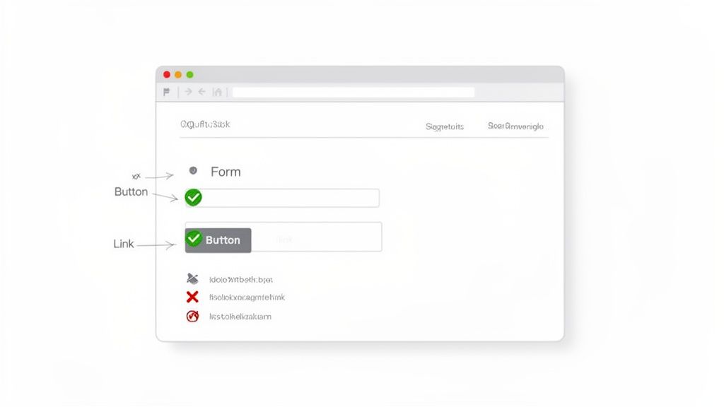 A browser window displaying a web form with input fields, buttons, links, and a visual checklist.