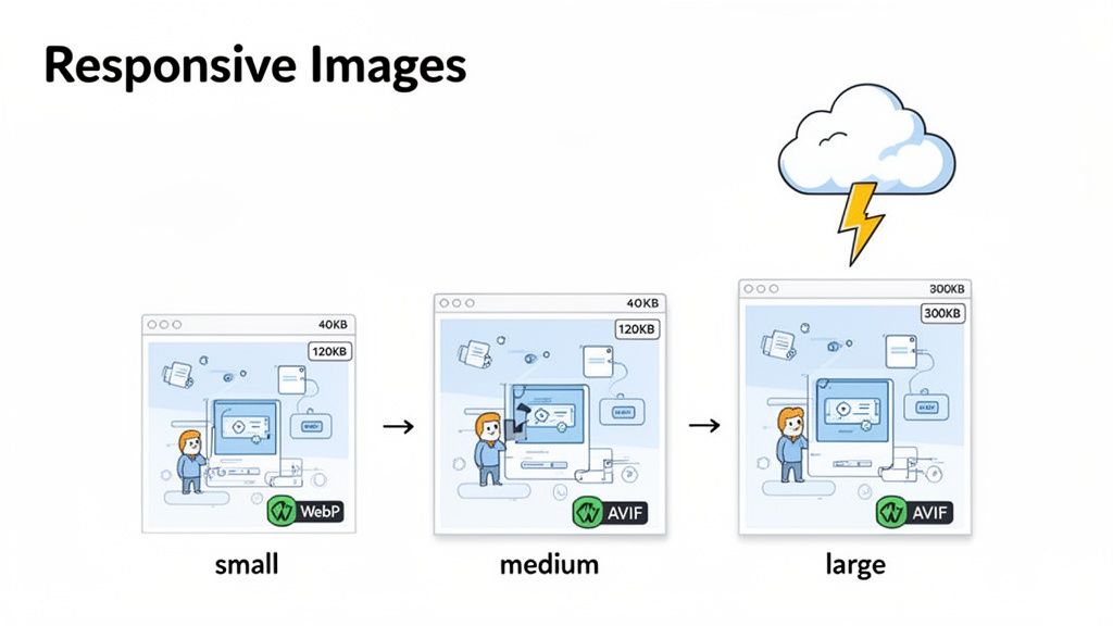An illustration showing responsive images optimized with WebP and AVIF formats for small, medium, and large screens.